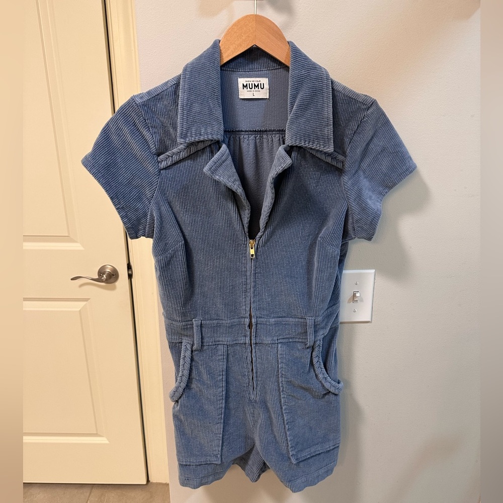 Show Me Your MuMu Dusty Blue Corduroy Short Jumpsuit